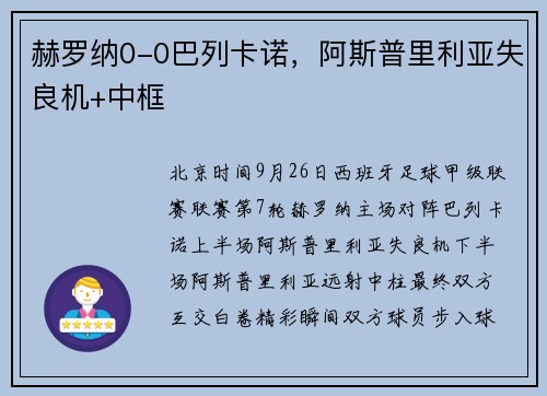 赫罗纳0-0巴列卡诺，阿斯普里利亚失良机+中框